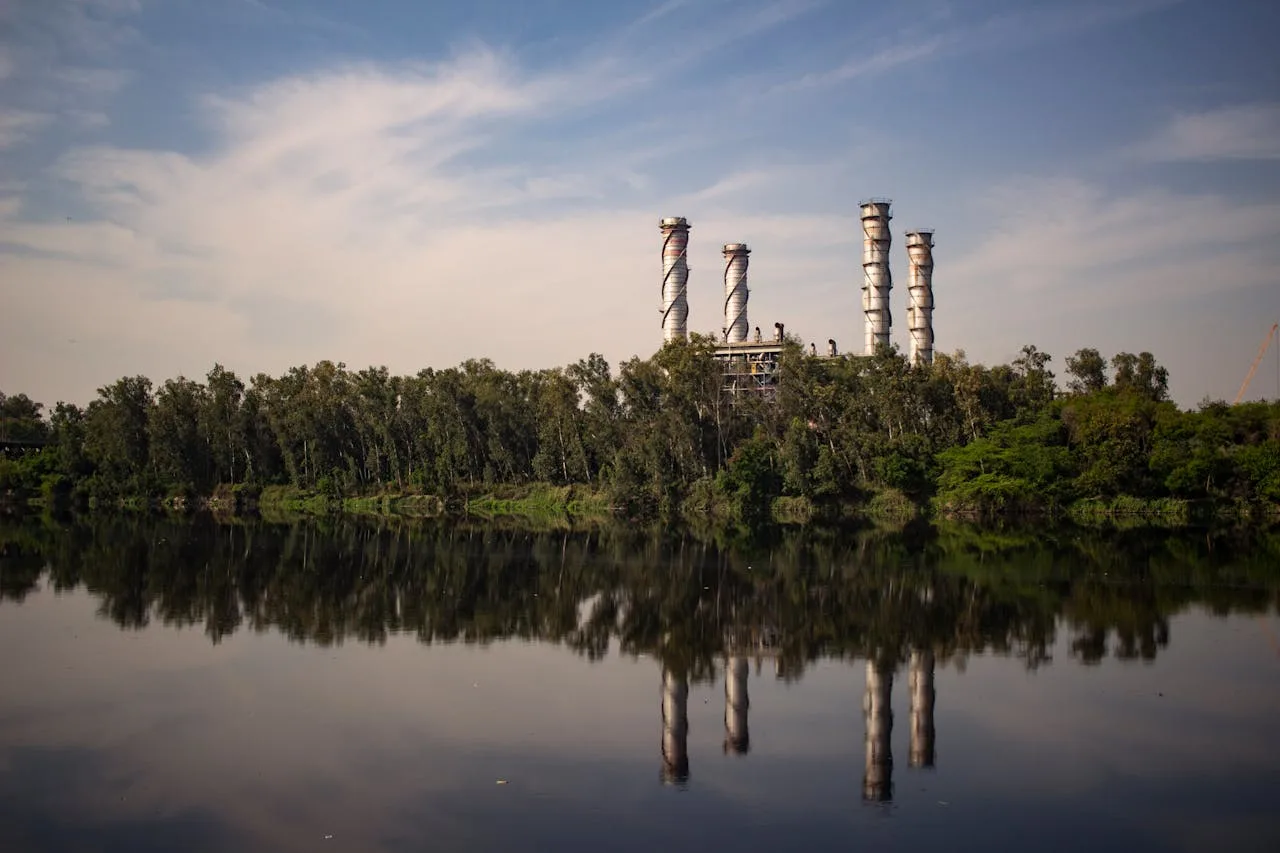 Agra-India-Yamuna-River-Industrial-Plant-With-Reflection-Om-Body-Of-Water